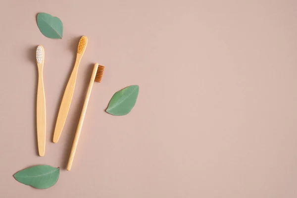 Biodegradable Bamboo Toothbrushes Green Leaves Brown Background Top View Copy — Stock Photo, Image