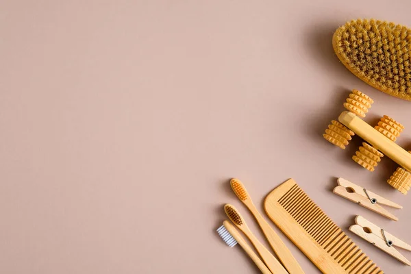 Eco Vriendelijke Badkamer Accessoires Bruine Achtergrond Flat Lay Biologisch Afbreekbare — Stockfoto