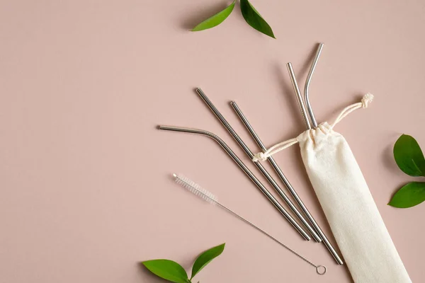 Reusable Drinking Straws Made Stainless Steel Metal Case Flat Lay — Stock Photo, Image