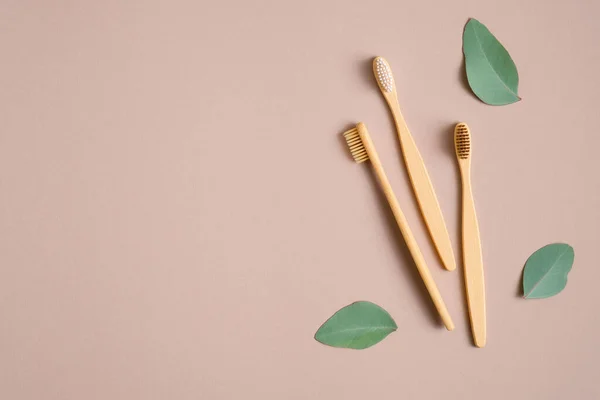 環境に優しい竹の歯ブラシと茶色の背景の緑の葉 フラットレイアウト トップビュー 廃棄物ゼロ プラスチックフリーコンセプト 持続可能なライフスタイル — ストック写真