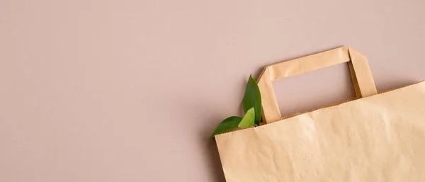 Einkaufstasche Aus Recyceltem Papier Mit Grünen Blättern Auf Braunem Hintergrund — Stockfoto