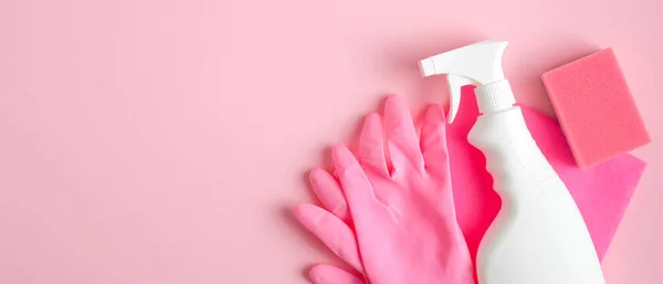 Cleaning Supplies Pink Background Cleaning Service Banner Design Spray Bottle — Stock Photo, Image