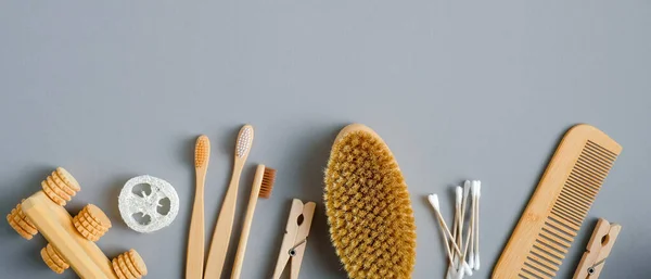 Geen Afval Badkamer Accessoires Grijze Achtergrond Eco Vriendelijke Spa Apparatuur — Stockfoto