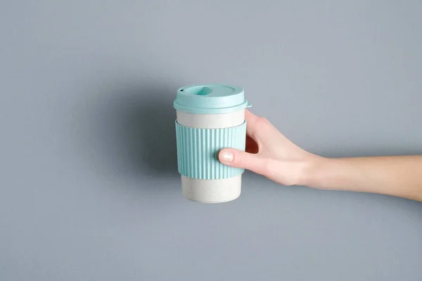 Eco Friendly Takeaway Bamboo Coffee Cup Female Hand Top View — Stock Photo, Image