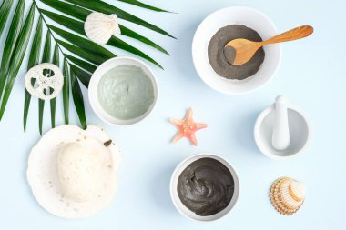 Yüz bakımı ve tedavi için SPA doğal organik güzellik ürünleri. Kozmetik kil maske ve kaselerde toz, ev yapımı sabun ve pastel mavi arka planda tropikal palmiye yaprağı. Üst manzara, düz uzanma.