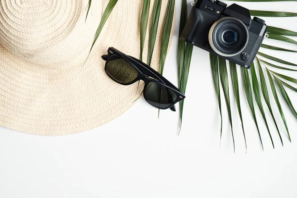 Traveler Accessories Tropical Palm Leaf Branches White Background Travel Vacation — Stock Photo, Image