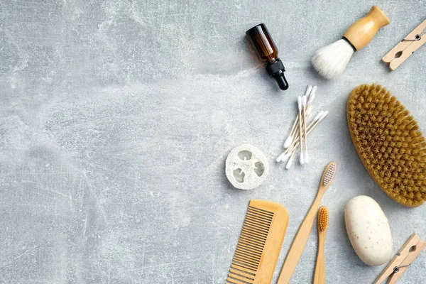 Set Eco Friendly Bath Accessories Personal Hygiene Products Stone Table — Stock Photo, Image