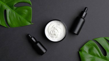 Siyah arka planda doğal kozmetik seti. Üst görünüm nemlendirici krem ve içinde canavar palmiyesi yaprakları olan siyah yağ şişeleri. SPA organik güzellik ürünleri, cilt konsepti.