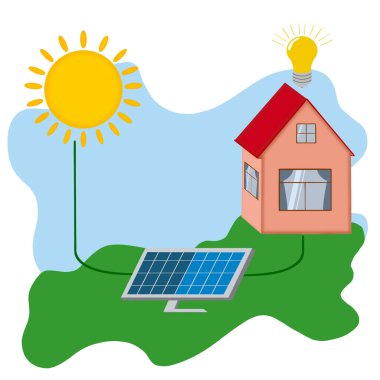Ev güneş enerjisi şeması. Ev için güneş hücresi paneli, alternatif temiz yeşil enerji, ekolojik ve sürdürülebilirlik kavramı