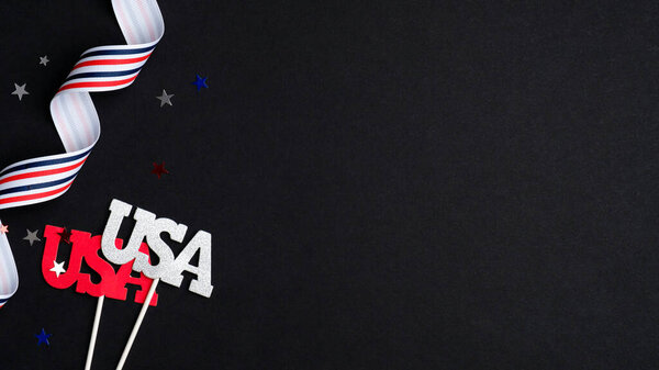 Happy Independence Day USA banner mockup with festive decorations and confetti on dark background. 4th of July celebration poster template.