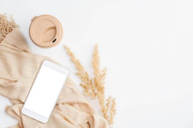 Zarif ofis masası, bej battaniyeli akıllı telefon, beyaz ekran modeli, bir fincan kahve, beyaz arka planda kuru çiçekler. Boho tarzı ya da kadınsı çalışma alanı. Düz yatış, üst görünüm.