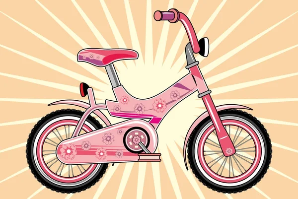 Bicicleta para niños con flores rosas — Vector de stock