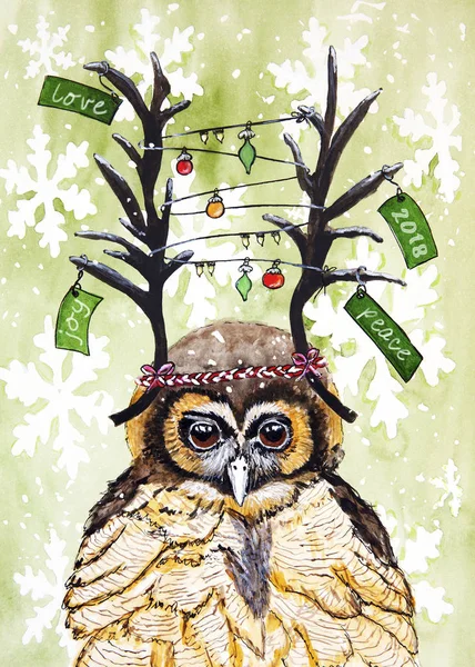 Akvarelu ilustrace pro Vánoce a nový rok 2018 s sova — Stock fotografie