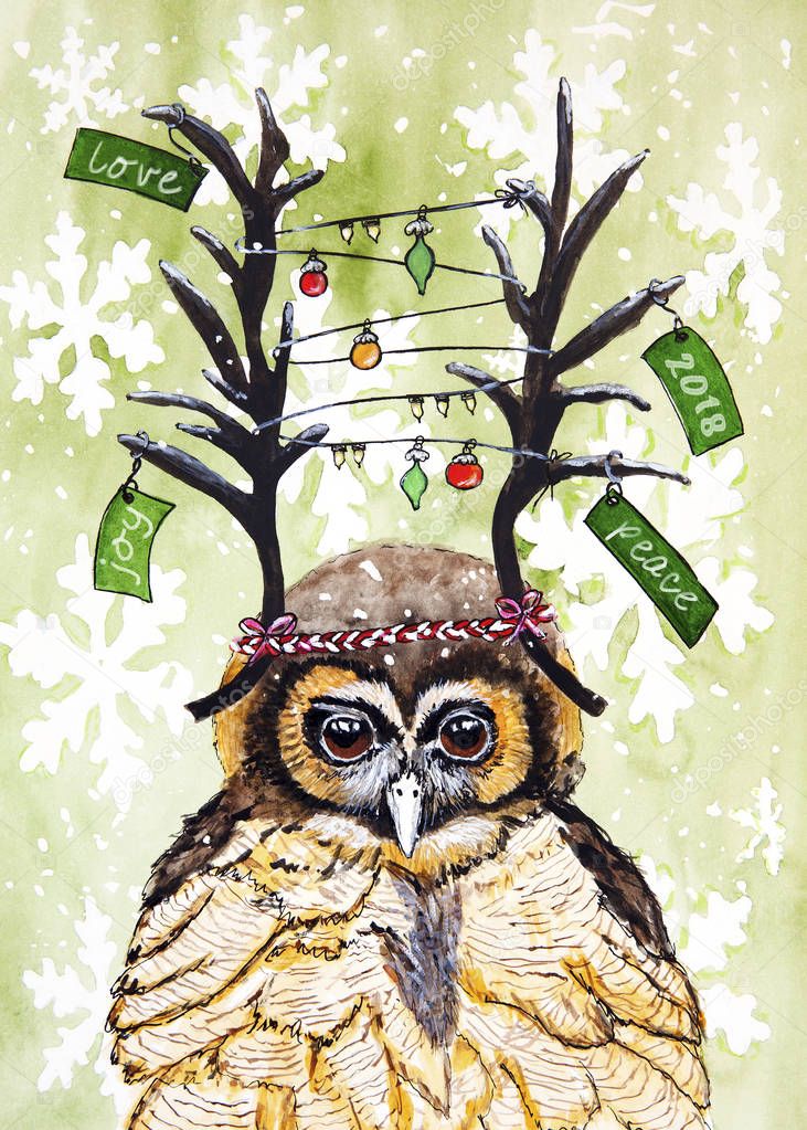 Watercolor illustration for christmas and new year 2018 with owl