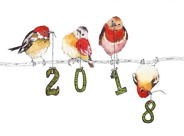 Illustrazione ad acquerello con uccelli per Capodanno 2018 Immagine Stock