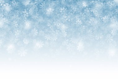 Kışın yağan kar, şeffaf kar taneleri ve açık mavi arka planda ışıklar.