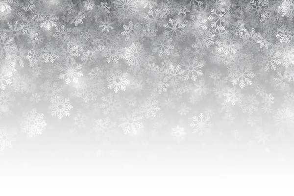 Wesołych Świąt spadające skutki śniegu z przezroczystych płatków śniegu i świateł pokrytych na jasnym srebrnym tle — Zdjęcie stockowe