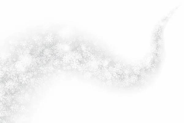 Boże Narodzenie wirujący efekt Śnieg Trail z realistyczne przejrzyste płatki śniegu i światła nakładają się na jasnym srebrnym tle — Zdjęcie stockowe