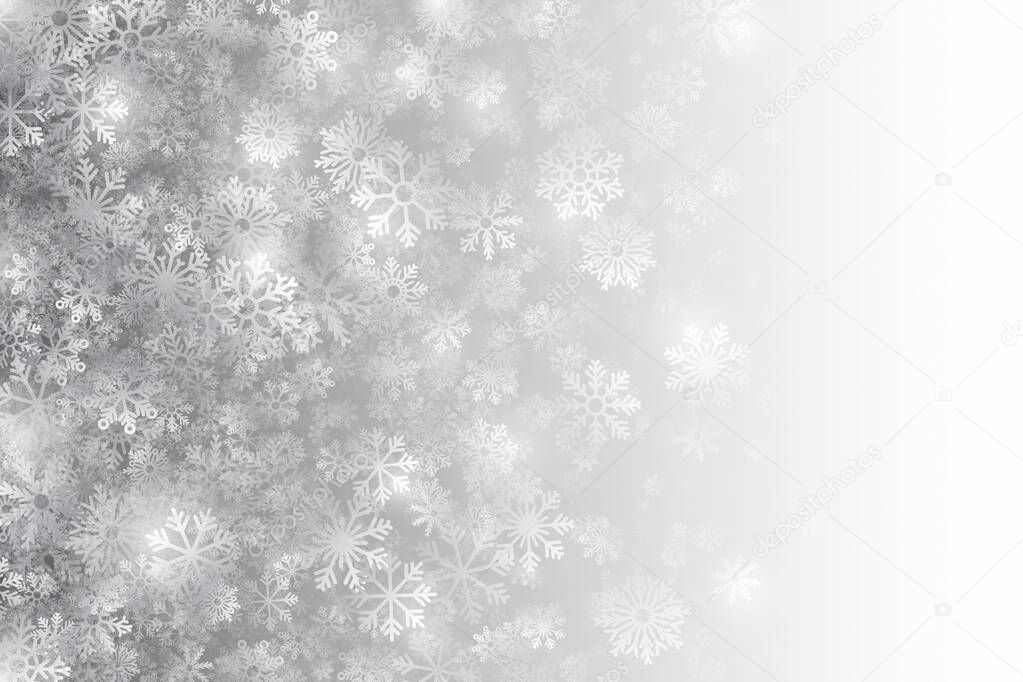 Christmas Falling Snow Effect With Transparent Snowflakes And Lights Overlayed On Light Silver Background