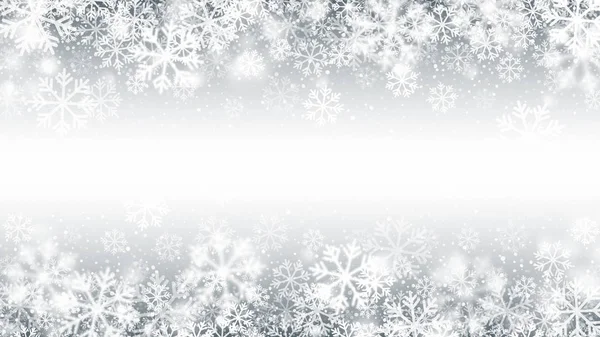 Vector Blurred Motion Falling Snow Border Effetto 3D con realistici fiocchi di neve bianchi sovrapposti su sfondo argento chiaro — Vettoriale Stock