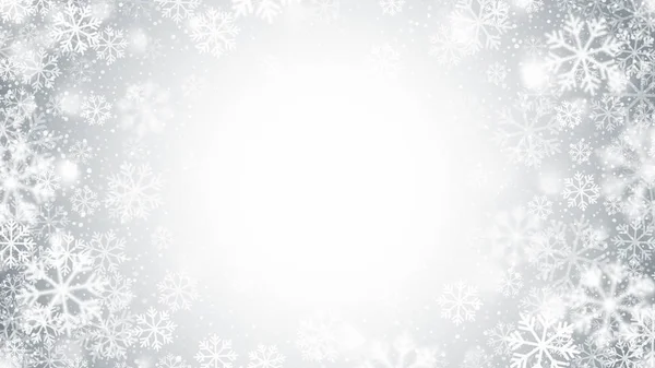 Векторні розмиті рухи Закручені снігові рамки з реалістичними білими сніжинками на світлому срібному тлі — стоковий вектор