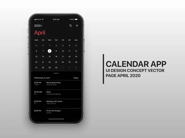 Vector Design Template Dark Mode Calendar App UI UX Concept Page April 2020 — 스톡 벡터