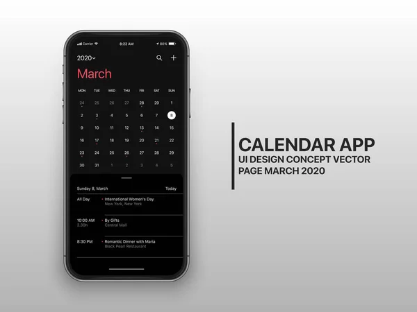 Modelo de Design de Vetor Modo Escuro Calendário App UI UX Página de Conceito Março 2020 — Vetor de Stock