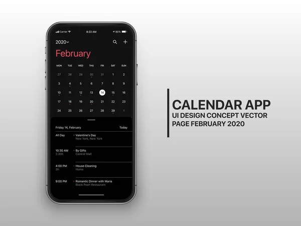 Vector Ontwerp Template Donkere modus Kalender App Ui Ux Concept Pagina februari 2020 — Stockvector