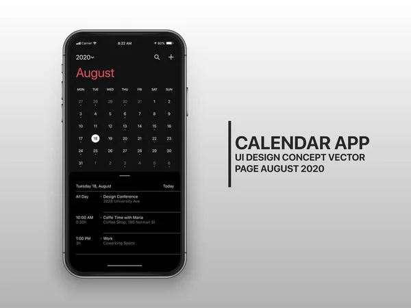 Vector Design Template Dark Mode Ημερολόγιο App Ui Ux Concept Σελίδα Αύγουστος 2020 — Διανυσματικό Αρχείο