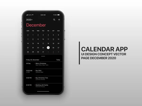 벡터 설계 템플릿 다크 모드 달력 앱 UI UX 컨셉트 페이지 2020 년 12 월 — 스톡 벡터