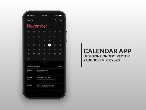 벡터 설계 템플릿 다크 모드 달력 앱 UI UX 컨셉트 페이지 2020 년 11 월 — 스톡 벡터