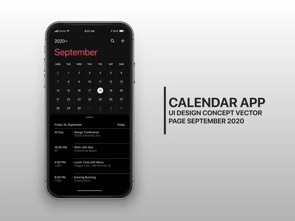 Vector Ontwerp Template Donkere modus Kalender App Ui Ux Concept Pagina september 2020 — Stockvector