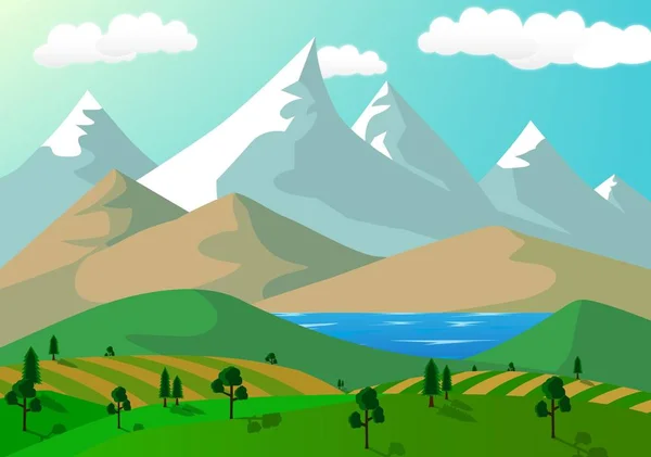 Dibujos Animados Bakground Con Montaña Nieve Ambiente Verde — Vector de stock