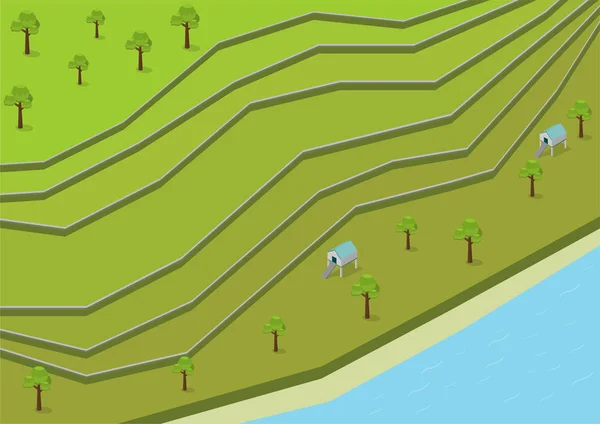Terrasses isométriques de riz vert Aériennes — Image vectorielle