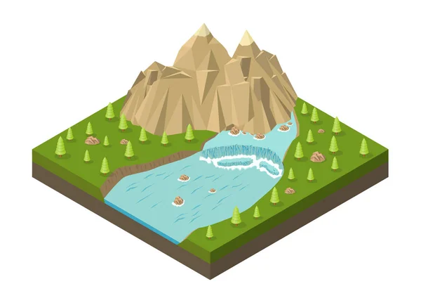 Montañas isométricas con cascada, río y árboles — Archivo Imágenes Vectoriales