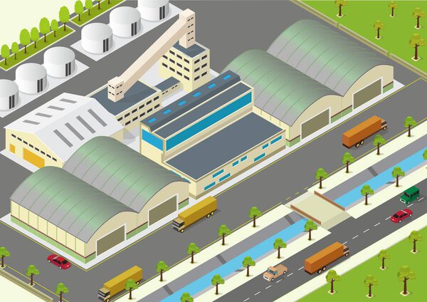 Vector illustration of isometric factory, warehouse exterior and unloading delivery