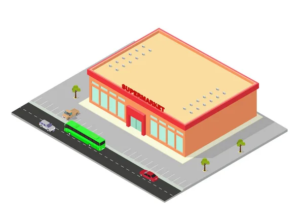 Isometrisch winkelcentrum of supermarkt gebouw icoon — Stockvector