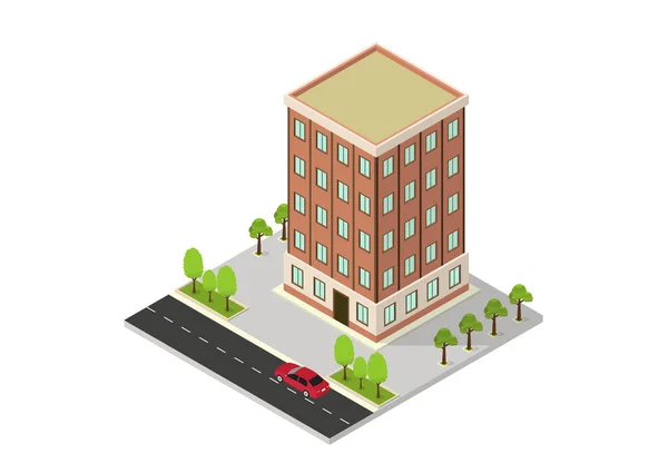 Vector isométrico hotel, apartamento, escuela o edificio de rascacielos — Vector de stock