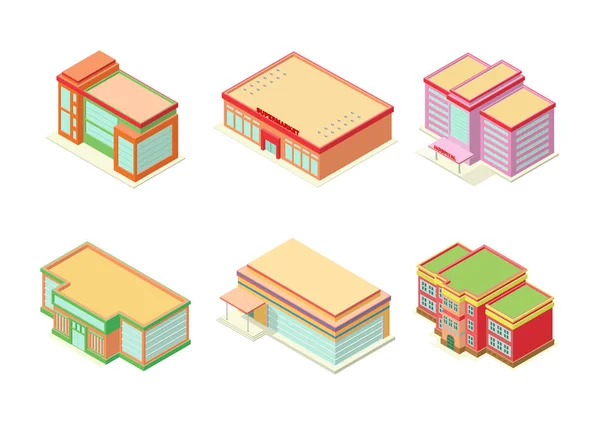 Isometriskt hotell, lägenhet eller skyskrapor byggnader ikon set — Stock vektor