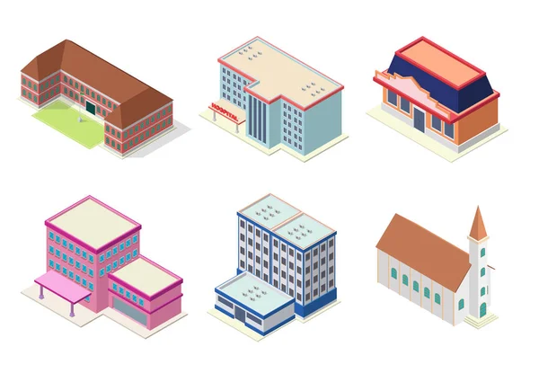Isometric hotel, school, church, apartment, or mall buildings icon set — Stok Vektör