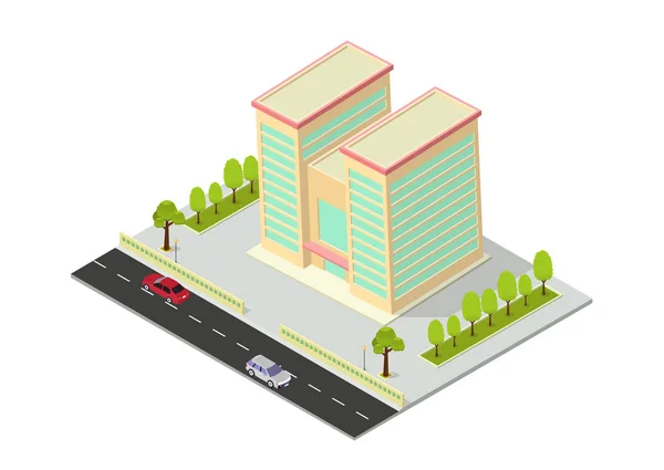 Vecteur isométrique hôtel, bureau, appartement ou immeuble gratte-ciel — Image vectorielle