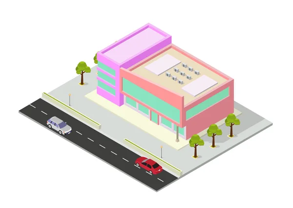 Centro comercial isométrico o icono de construcción de supermercados — Vector de stock