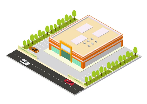 Centro comercial isométrico o icono de construcción de supermercados — Vector de stock