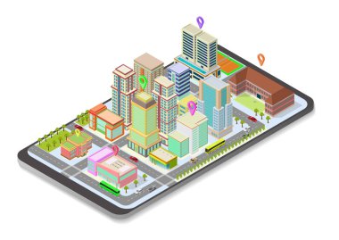 Akıllı telefondaki vektör izometrik şehir haritası