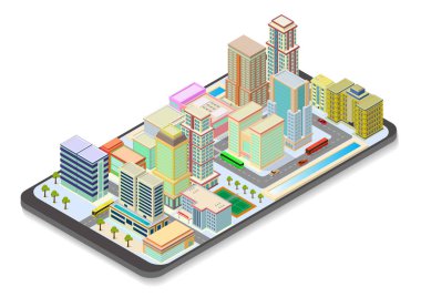 Akıllı telefondaki vektör izometrik şehir haritası