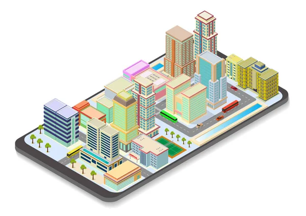 Vecteur isométrique carte de la ville sur le téléphone intelligent — Image vectorielle