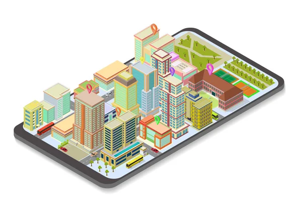 Vetor isométrico mapa da cidade no telefone inteligente —  Vetores de Stock