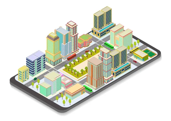 Vector isométrico mapa de la ciudad en el teléfono inteligente — Vector de stock