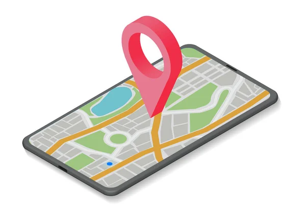 等角GPSナビゲーションコンセプト。GPSトラッキングマップ。ストリートマップ上のトラックナビゲーション, — ストックベクタ