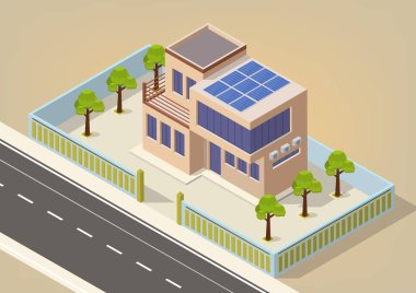 Güneş panelleri olan izometrik modern yeşil eko ev